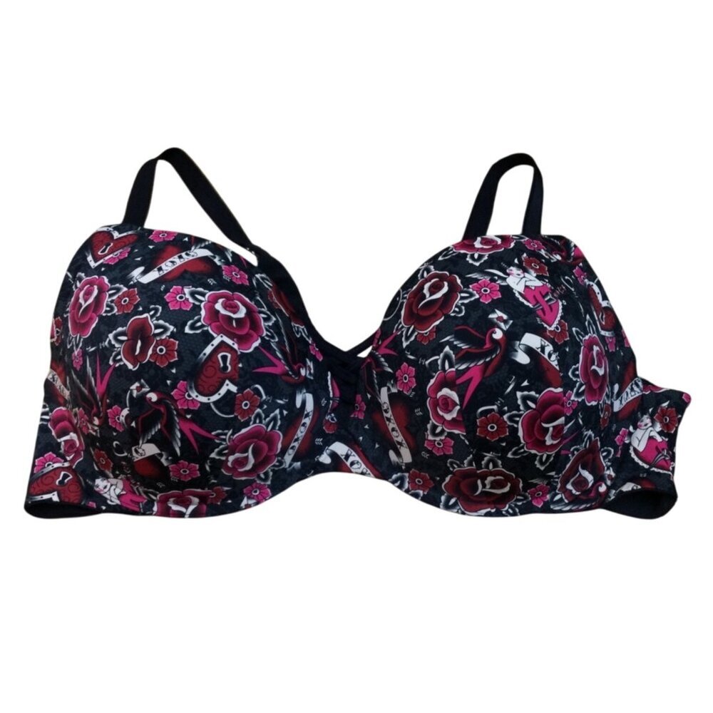 Torrid Curve 360 Back Smoothing Push-Up Plunge Bra 46D Floral Black Red Goth